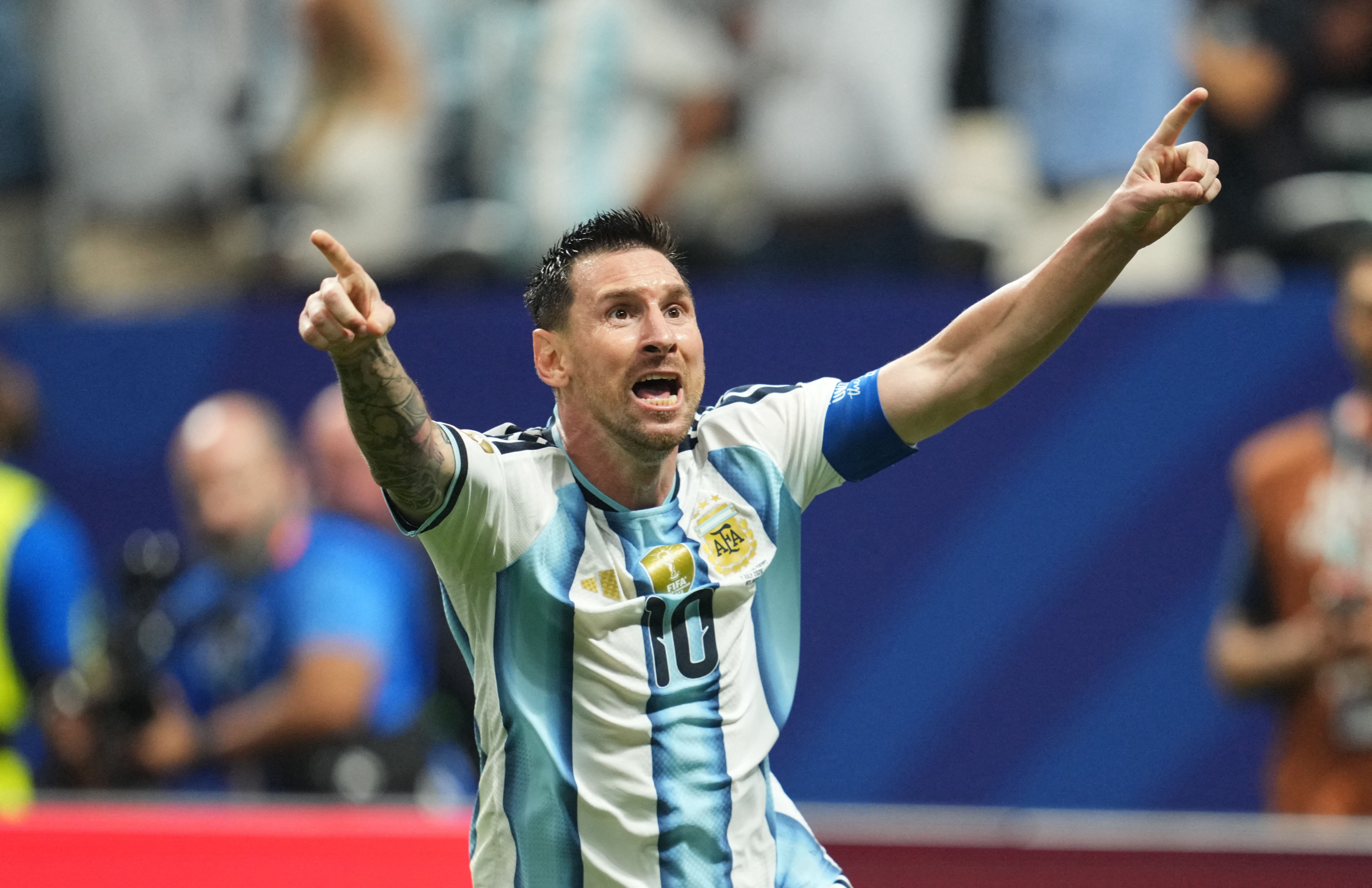 Lionel Andres Messi (Argentina) scores and celebrates his teams second goal during Round of 16 FIFA World Cup 2026, Argentina and Egypt, Atlanta Stadium, Atlanta, United States on July 07 2026. (Photo by Ulrik Pedersen/NurPhoto) (Photo by Ulrik Pedersen / NurPhoto via AFP)