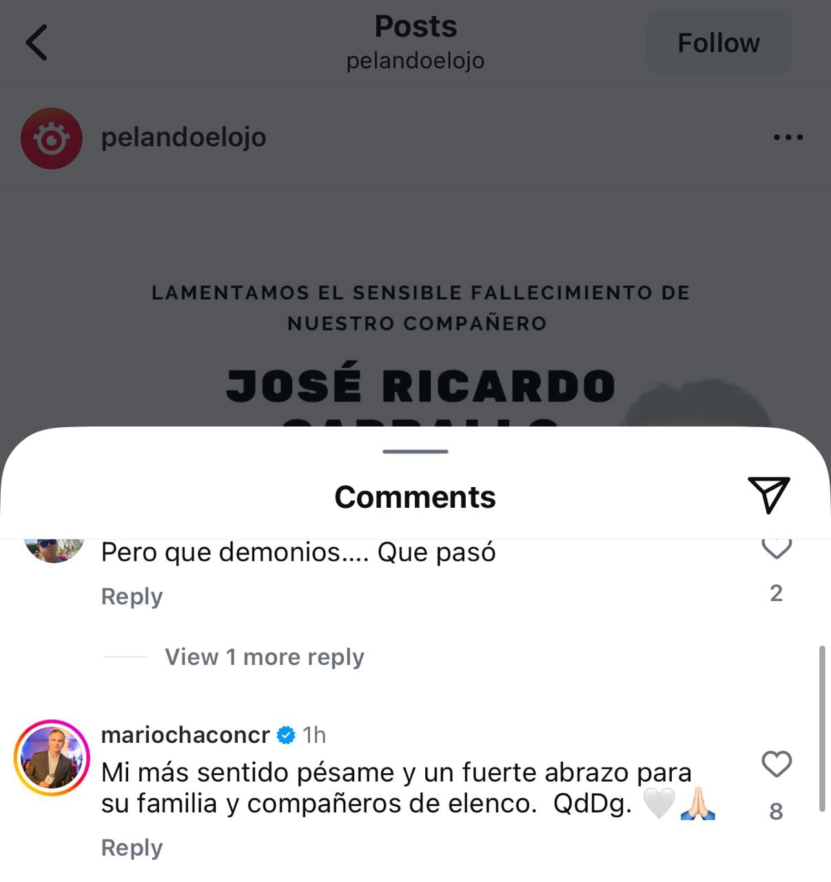 Mario Chacón de Media Docena expresó sus condolencias por la muerte del humorista José Ricardo Carballo.