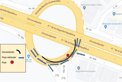 El Instituto Costarricense de Acueductos y Alcantarillados (AyA) realizará trabajos de conexión del sistema sanitario sobre la Rotonda de Guanacaste, lo que provocará el cierre parcial con reducción de un carril sentido Alajuelita hacia San José