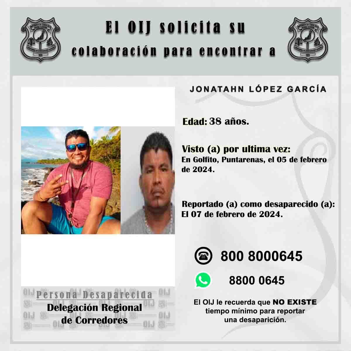 Un hombre identificado como Jonathan López García, de 38 años, tiene cuatro días desaparecido. Foto: OIJ