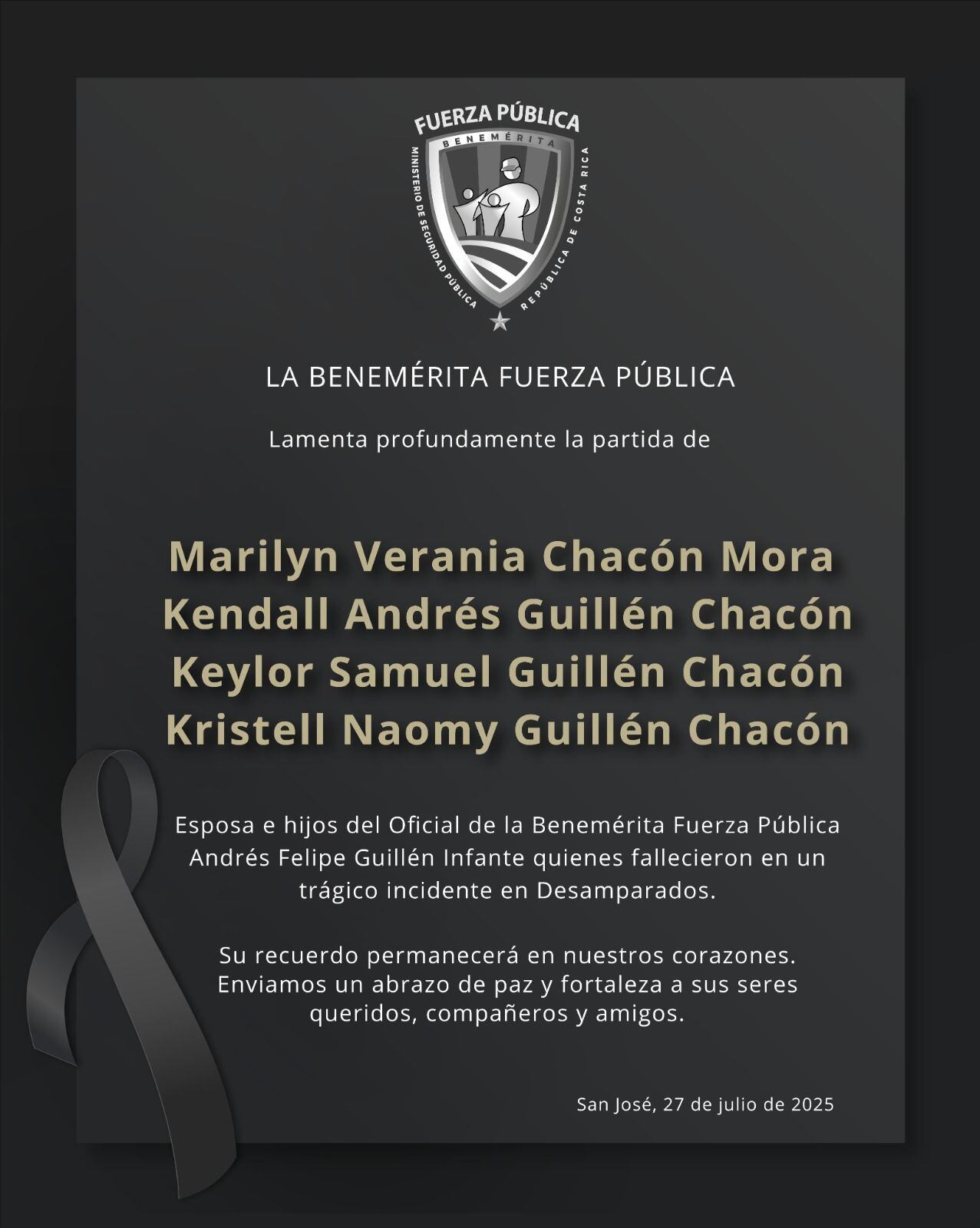 La que esquela compartida en Facebook por la Fuerza Pública.