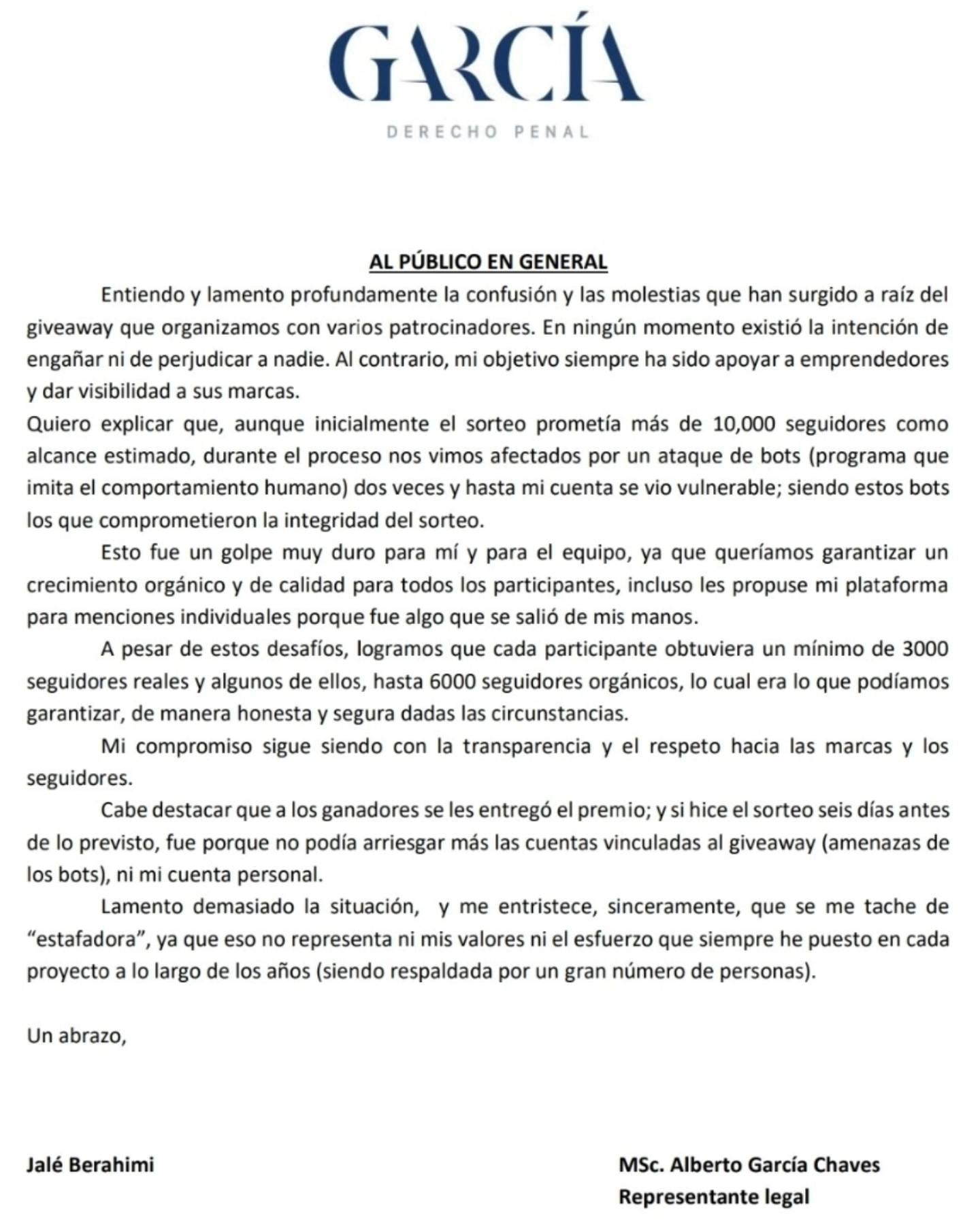 Comunicado de Jalé Berahimi