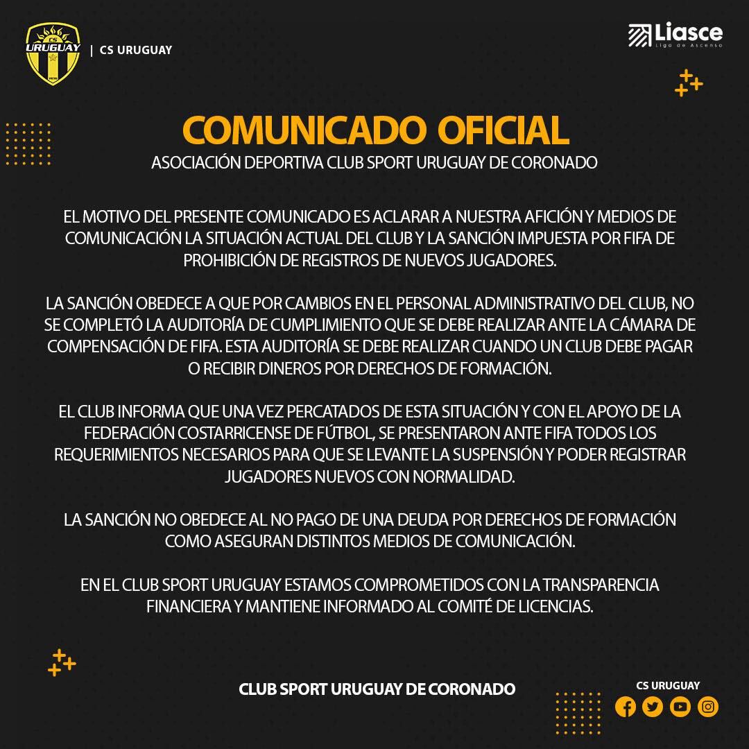 Uruguay de Coronado confirmó que fue sancionado por FIFA