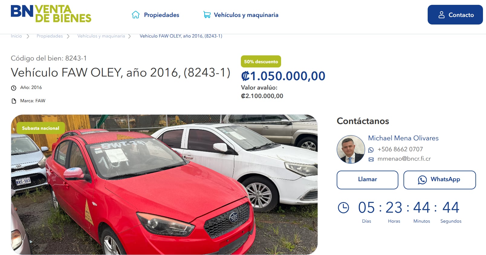 Carros usados en venta por el Banco Nacional