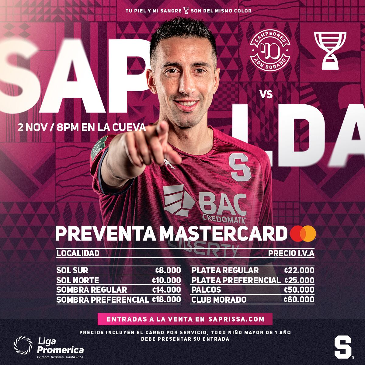 Saprissa lanzó la preventa de las entradas para el clásico contra Alajuelense, que será el 2 de noviembre. Facebook.