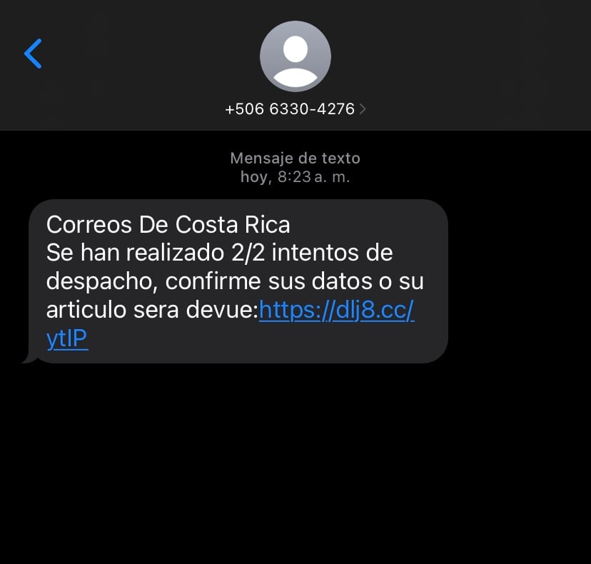 Así se ve el mensaje que envían los mañosos que se hacen pasar por Correos de Costa Rica.