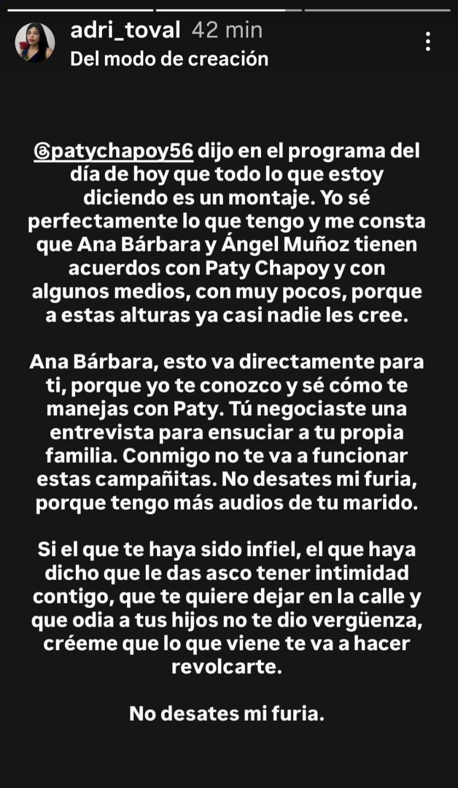 Adriana Toval le tiró ahora a la presentadora mexicana Pati Chapoy por decir que se inventó su relación con Ángel Muñoz, esposo de Ana Bárbara.