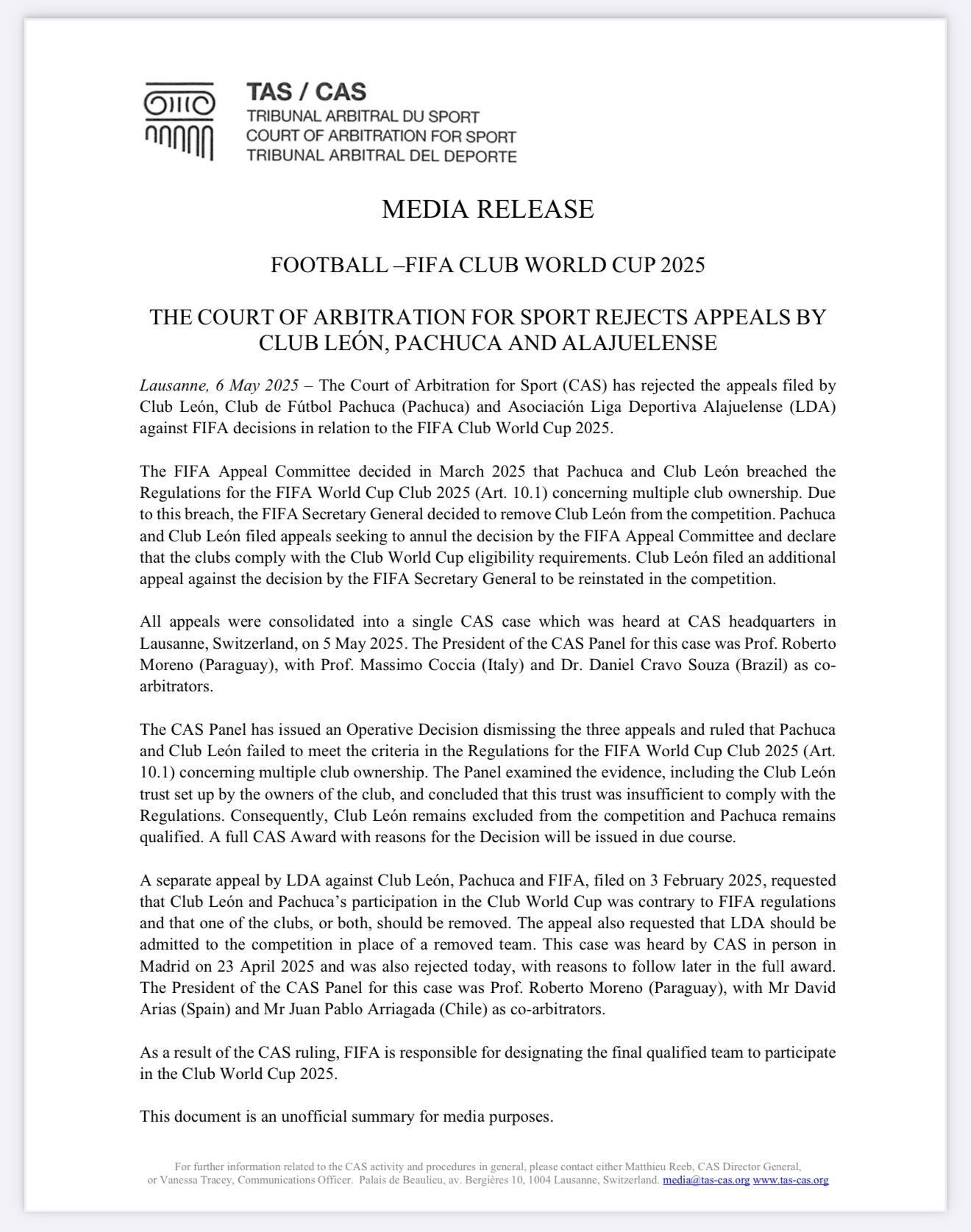 Este es el documento del TAS con el que se le notificó a Alajuelense la decisión del TAS sobre el Mundial de Clubes.