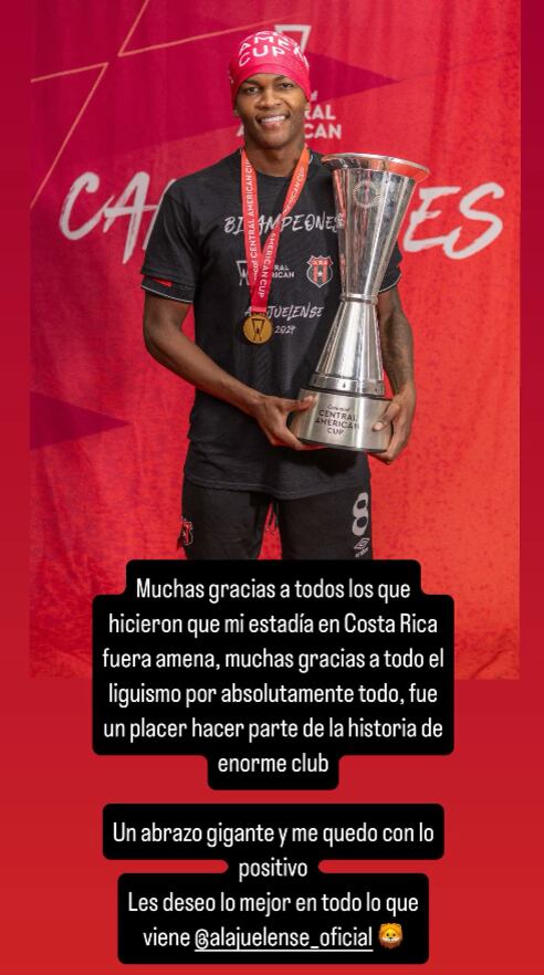 Larry Angulo, exjugador de Alajuelense envió un mensaje a la afición liguista. Instagram Larry Angulo.