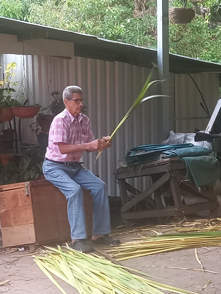 Carlos Mora Rivera, acosteño de nacimiento, junto con un grupo de vecinos, en el negocio familiar, distribuyen palma bendita para el Domingo de Ramos en más de 350 iglesias del país. En la foto, don Marcelo Mora Valverde, quien a sus 95 años sigue ayudando a hacer rollitos de palma para las iglesias.