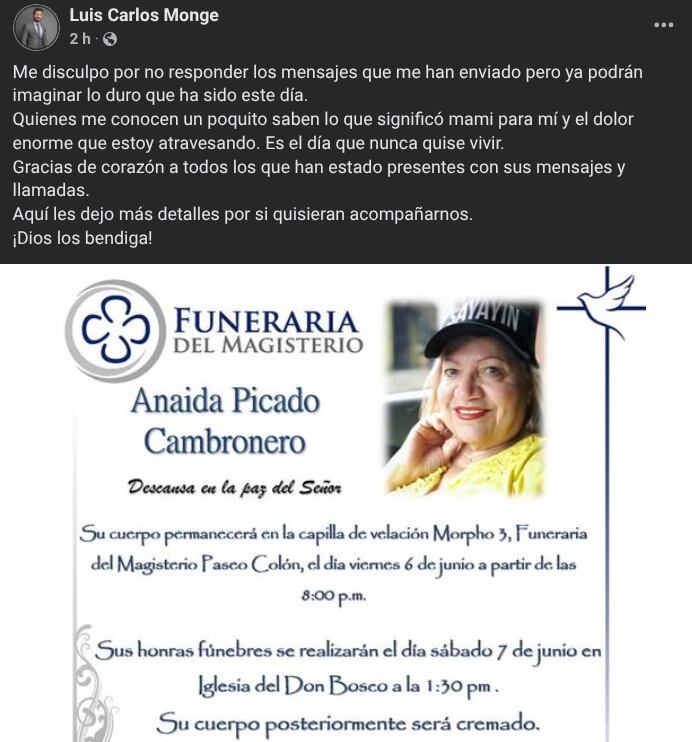 Luis Carlos Monge atraviesa uno de los momentos más duros de su vida con la muerte de su mamita, este viernes, a los 80 años