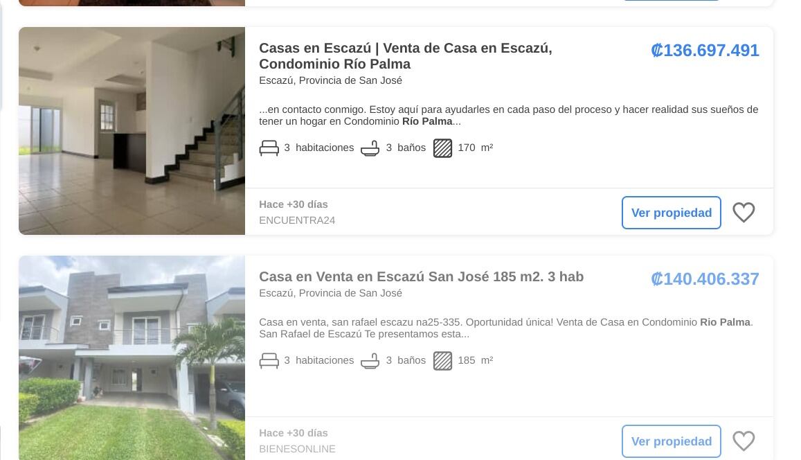 En varias páginas de internet ofrecen las preciosas casas en el lujoso condominio en Escazú. Captura Trovit CR