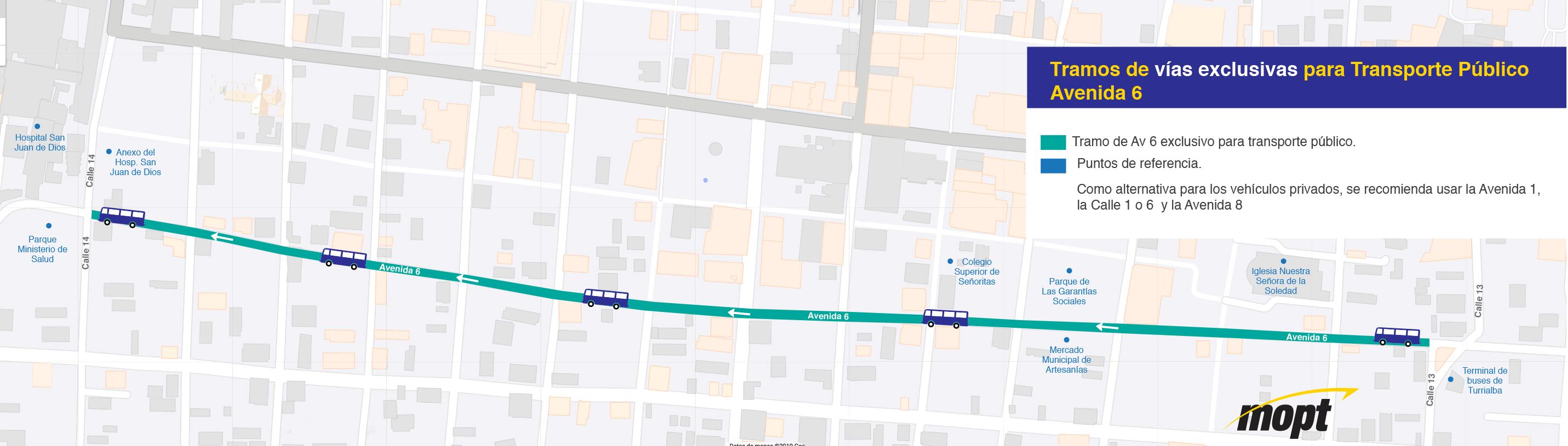 Avenidas 3 y 6 y calle 2, solo para buses y taxis
