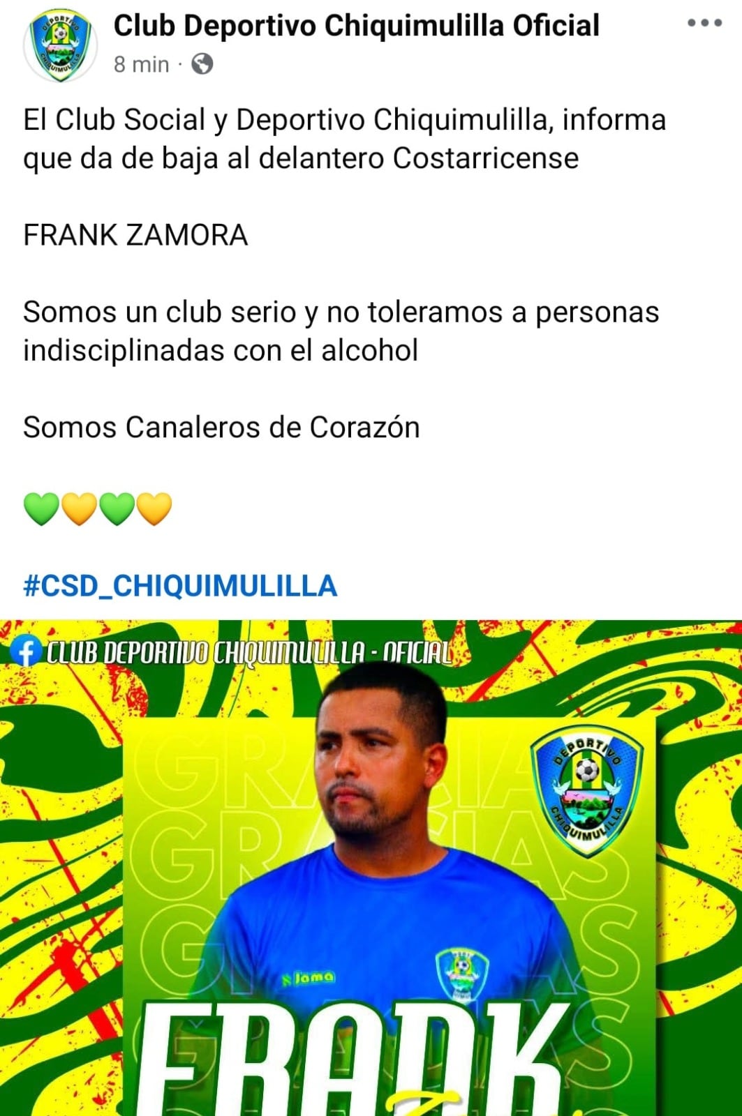 Frank Zamora
Despedido del equipo Deportivo Chiquimulilla de Guatemala
23 de junio del 2025
Tomado del Facebook del Deportivo Chiquimulilla