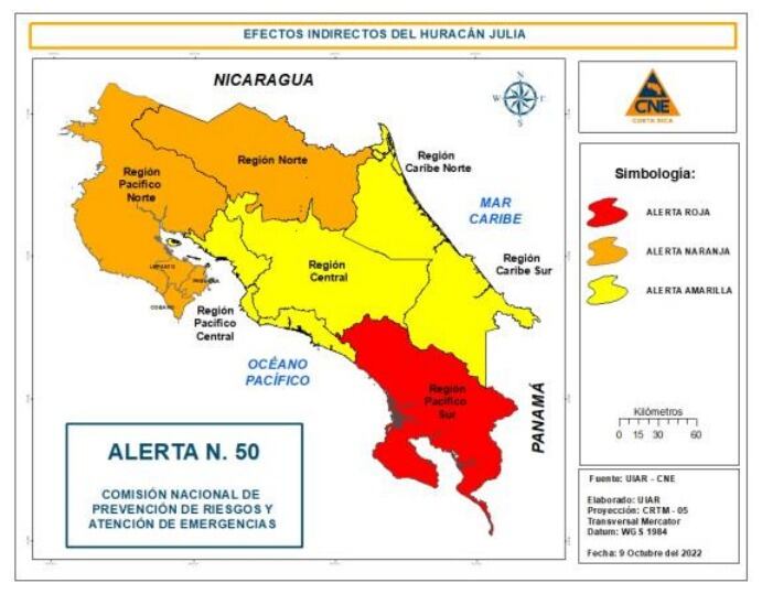Declaran alerta roja para el Pacífico Sur por afectaciones causadas por tormenta tropical Julia. Foto CNE.