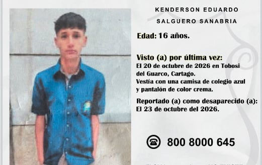 Kenderson Eduardo Salguero Sanabria, de 16 años, quien fue visto por última vez el martes 20 de octubre de 2026 en Tobosi de El Guarco, en Cartago.
