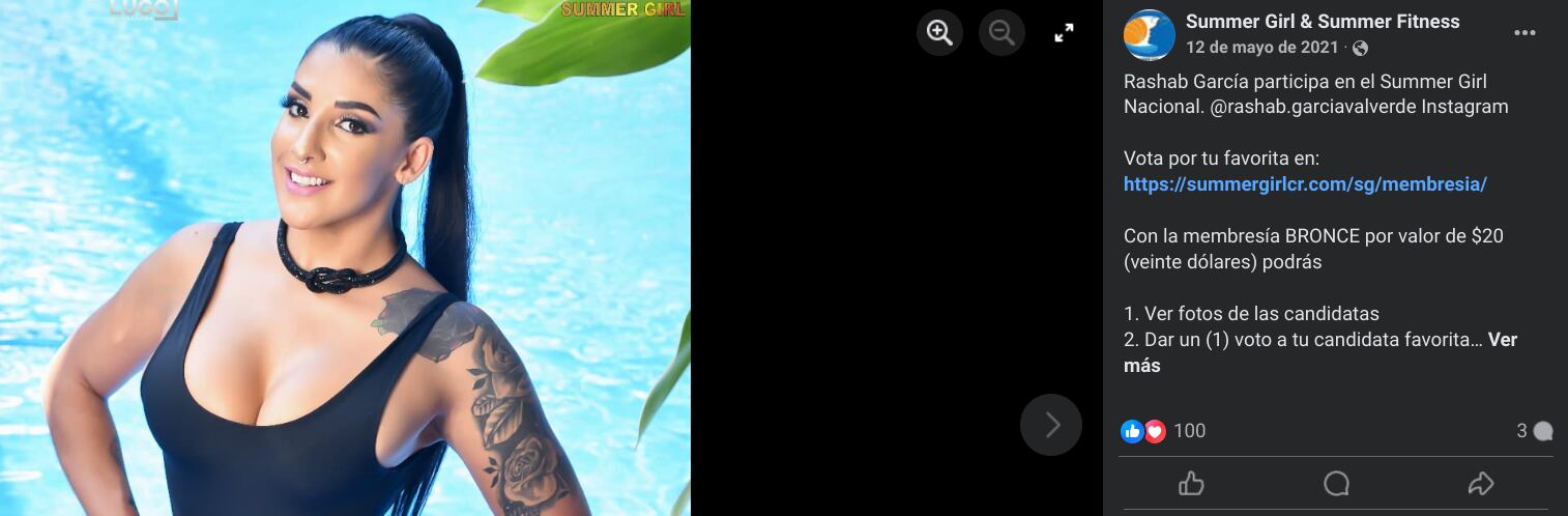 La modelo costarricense Rashab García se describió como una mujer amante de la montaña, la playa y los regalos en una entrevista que dio a La Teja hace varios años.