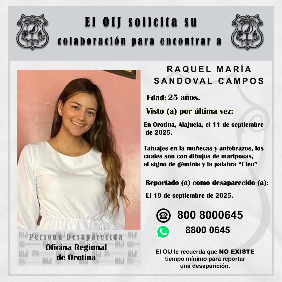 Raquel María Sandoval Campos, de 25 años, cumple nueve días de desaparecida y el OIJ pide ayuda a la ciudadanía para dar con su paradero. Foto: OIJ