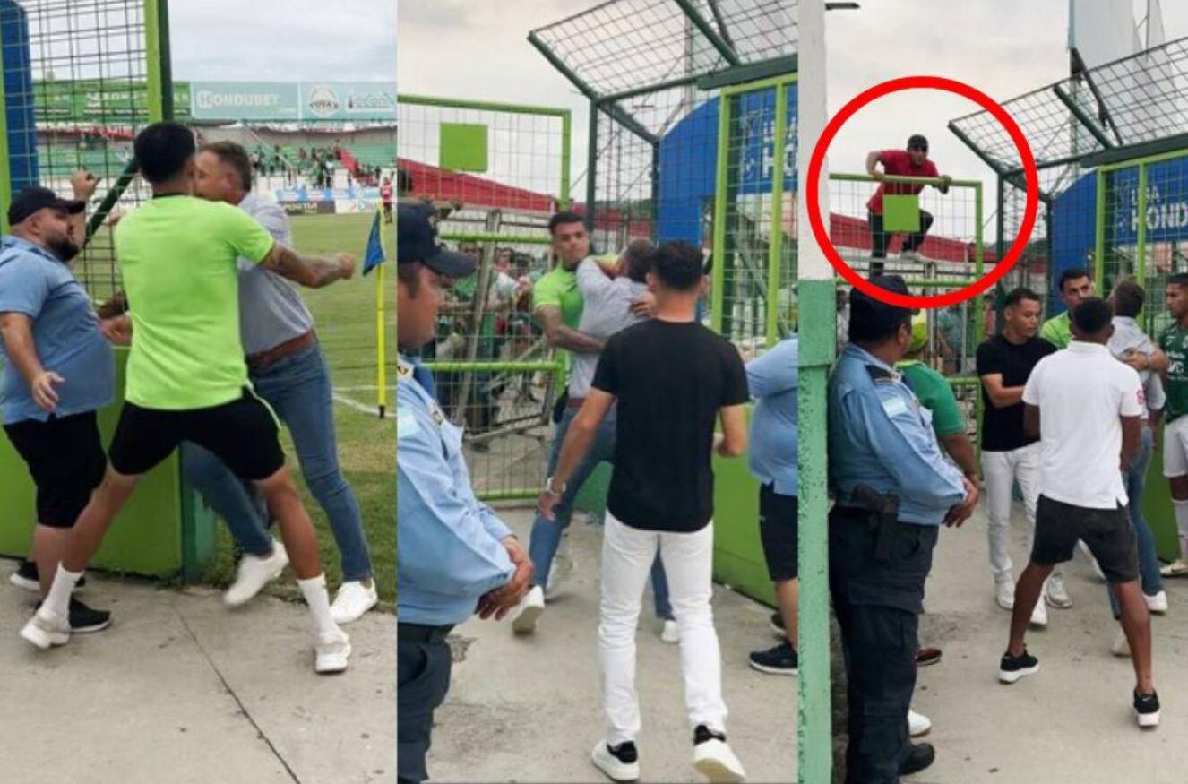 El técnico del Matathón de Honduras Hernán Medina perdió los estribos, luego de que varios aficionados le reclamaran por la derrota del club. Captura de pantalla.