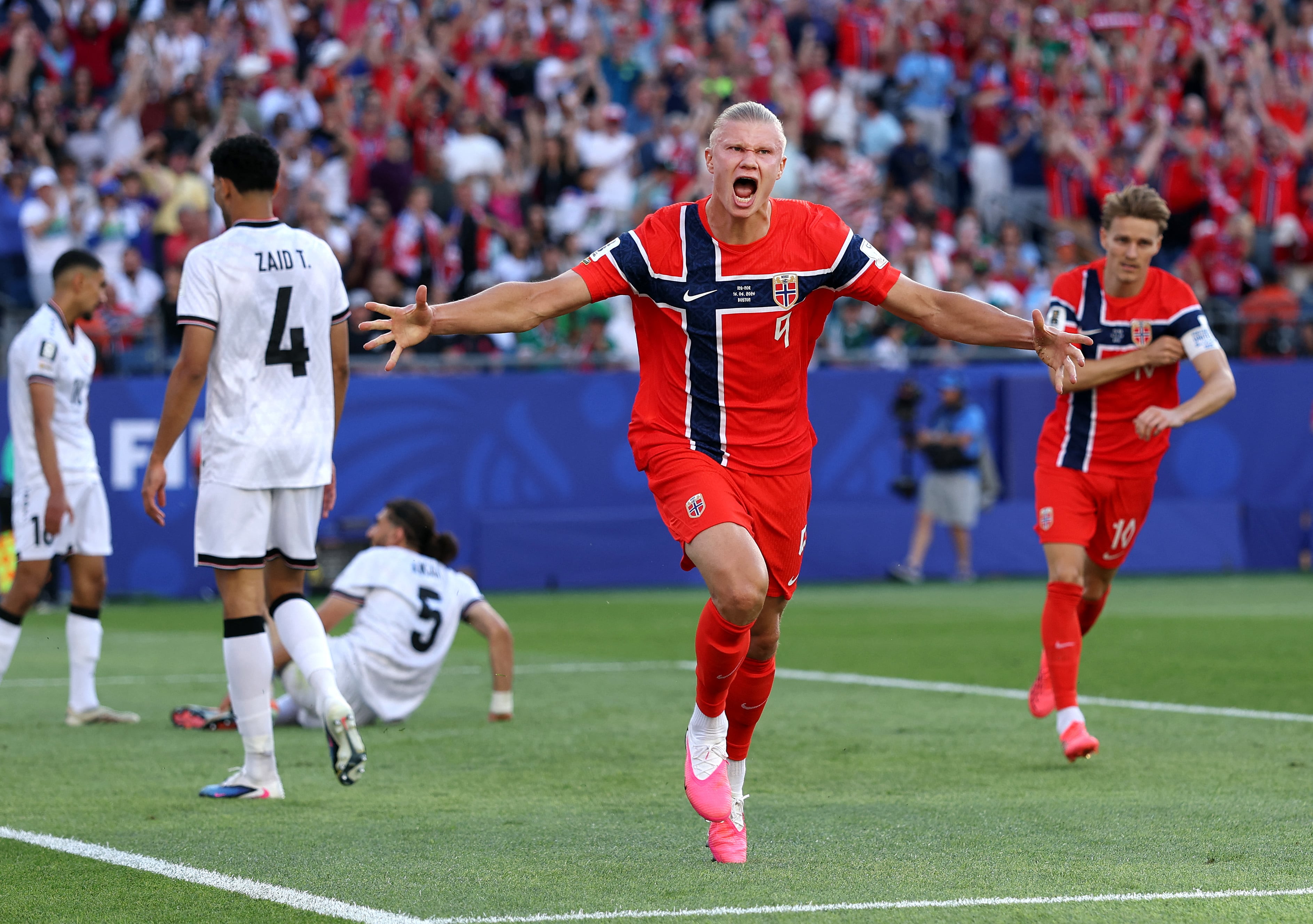 FOXBOROUGH, MASSACHUSETTS - JUNE 16: Erling Haaland #9 of Norway celebrates scoring his team's first goal during the FIFA World Cup 2026 Group I match between Iraq and Norway at Boston Stadium on June 16, 2026 in Foxborough, Massachusetts. Justin Setterfield/Getty Images/AFP (Photo by Justin Setterfield / GETTY IMAGES NORTH AMERICA / Getty Images via AFP)