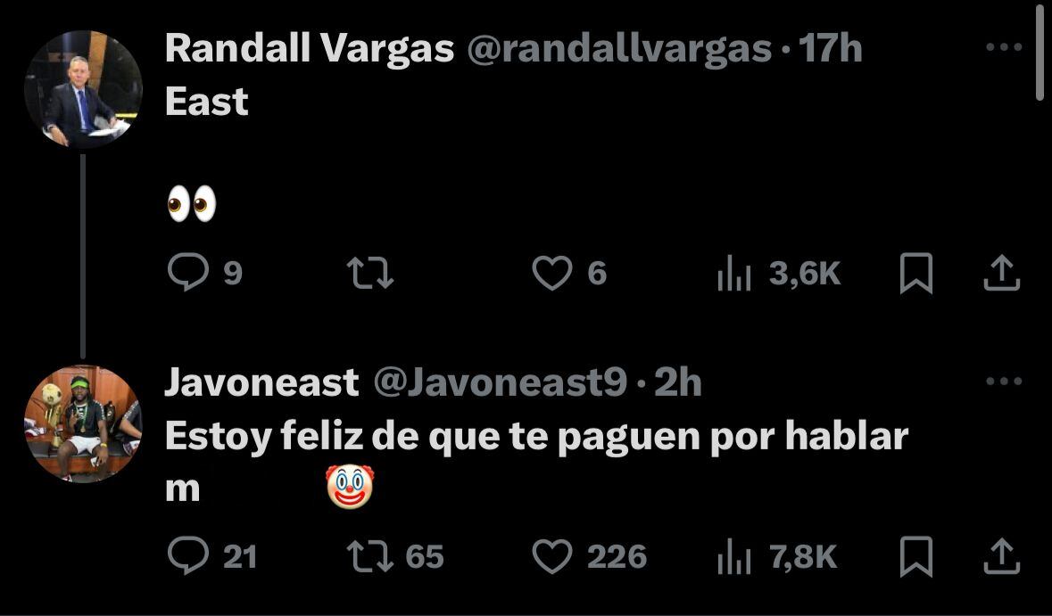 Así le respondió el jugador Javon East a Randall Vargas. Captura de pantalla.