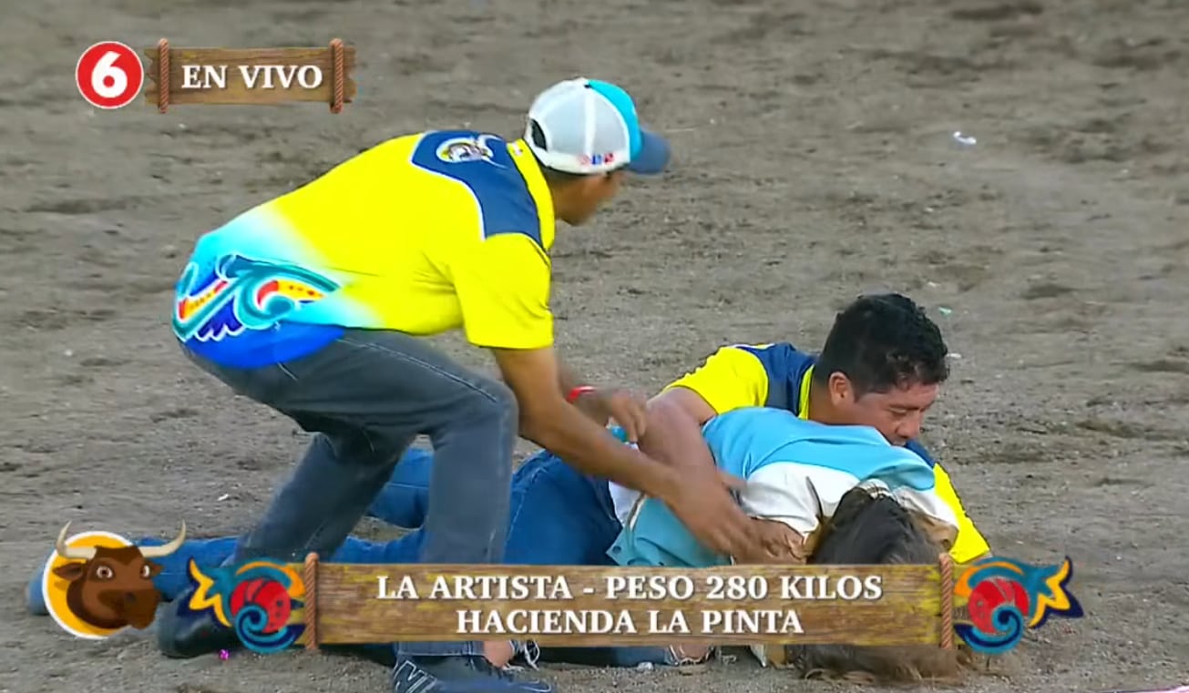 Imagen que muestra a Melissa Durán en tirada en la arena de la plaza de Pedregal después de ser embestida por un toro.