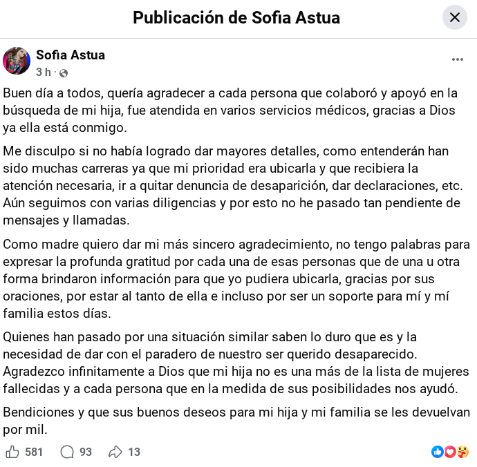Sofía Astúa, mamá de Abril Anahí Gutiérrez Astúa, de 18 años, agradeció a quienes le ayudaron a encontrar a su hija. Foto: Tomada de redes sociales
