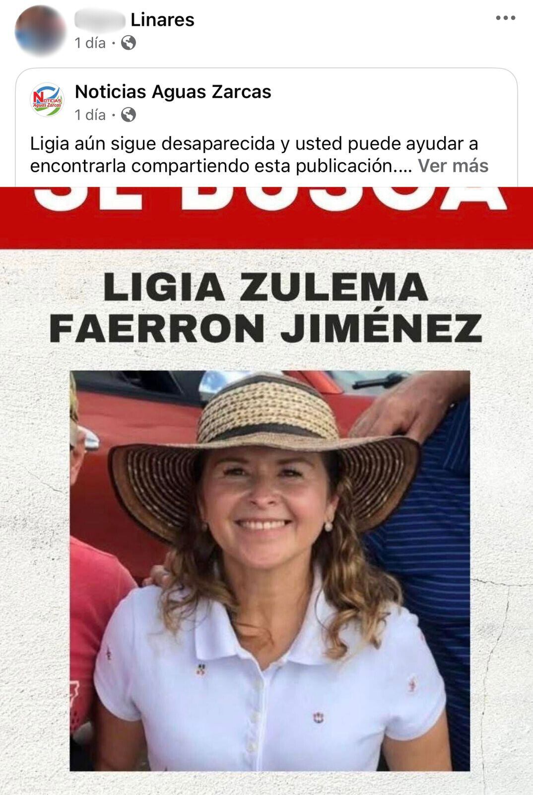 Una de las sospechosas por la desaparición de Ligia Zulema Faerron Jiménez, de 53 años, realizó al menos seis publicaciones en Facebook sobre la desaparición de su conocida. Foto: Captura de Facebook