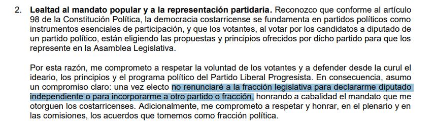 Esto dice en el documento "Mi compromiso con Costa Rica" del PLP que los postulantes a diputados deben firmar.