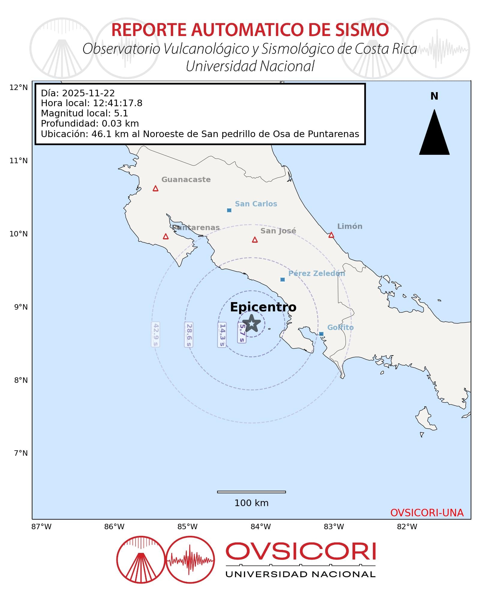 El sismo de 5,1 ocurrió cerca de Osa, Puntarenas, a las 12:41 p. m. y no causó daños, según reportes oficiales.