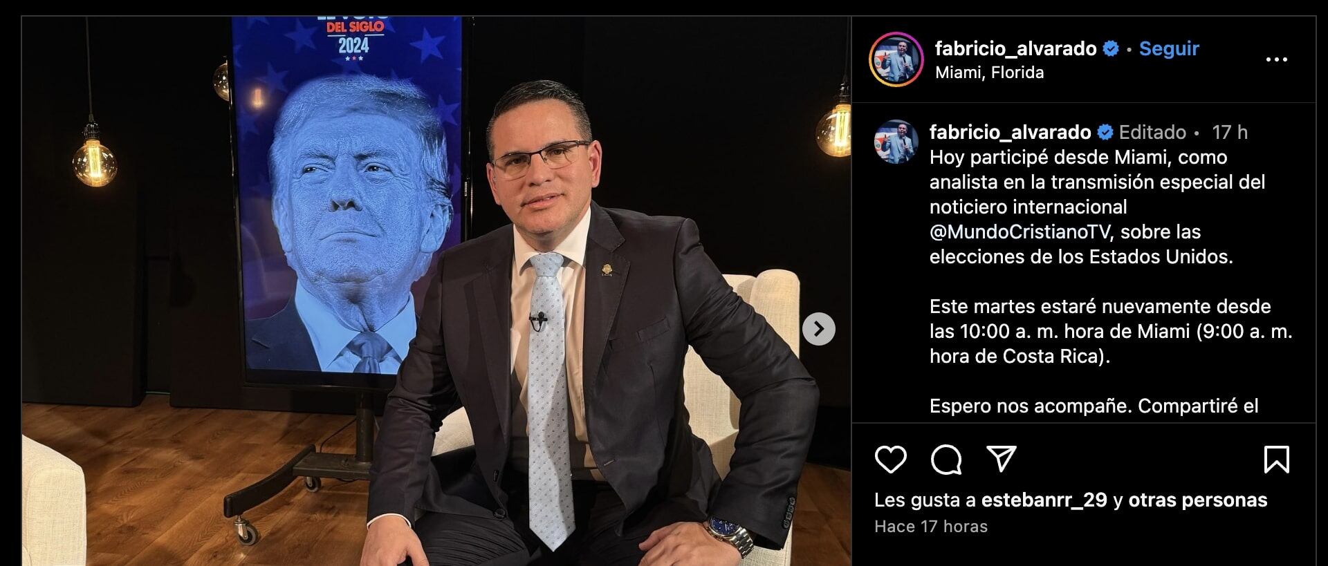 Fabricio Alvarado compartió con orgullo su participación en el programa de análisis político. Foto tomada del perfil de Instagram de Fabricio Alvarado.