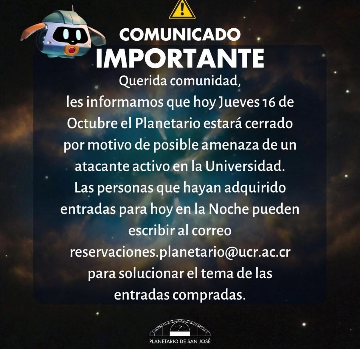 Este fue el comunicado compartido por el planetario.