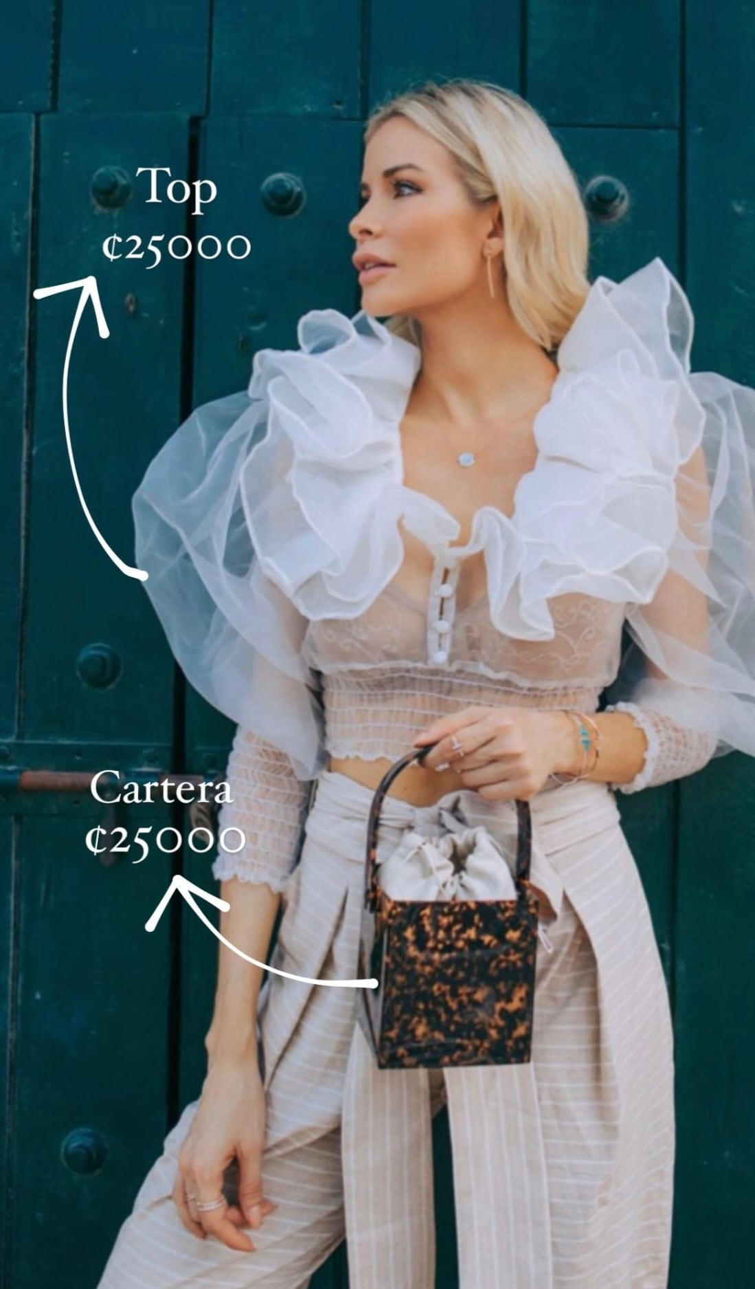 Modelo Leonora Jiménez y las prendas que pondrá a la venta.