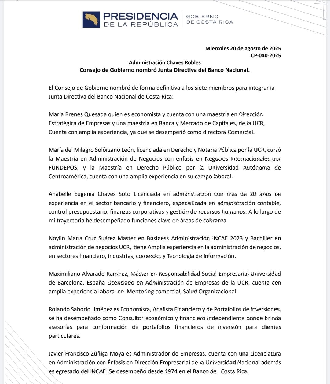 El gobierno compartió primero este comunicado sobre la Junta Directiva del Banco Nacional, pero fue eliminado.