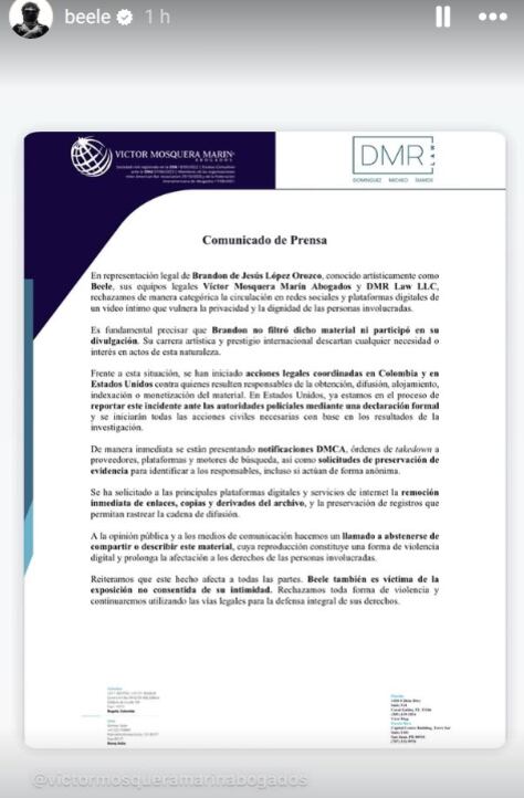 Beéle publicó un comunicado firmado por sus abogados donde asegura también ser víctima de la filtración de su video íntimo con Isabella Ladera.