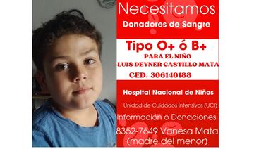 Hospital Nacional de Niños pide donadores de sangre para pequeño guerrero que lucha por su vida