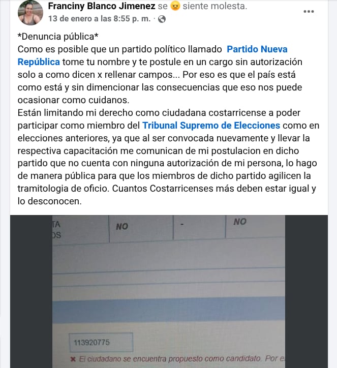 Franciny Blanco denuncia que aparece inscrita en un cargo en el Partido Nueva República, cuando ni forma parte de él