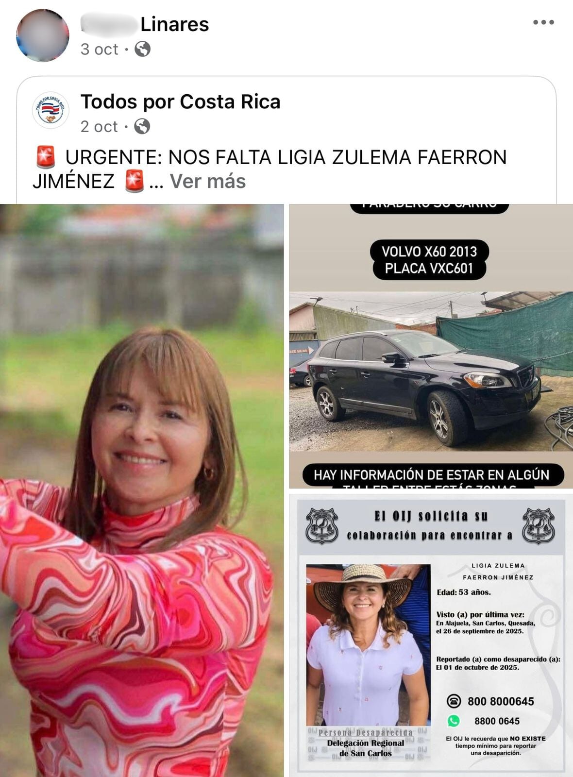 Una de las sospechosas por la desaparición de Ligia Zulema Faerron Jiménez, de 53 años, realizó al menos seis publicaciones en Facebook sobre la desaparición de su conocida. Foto: Captura de Facebook