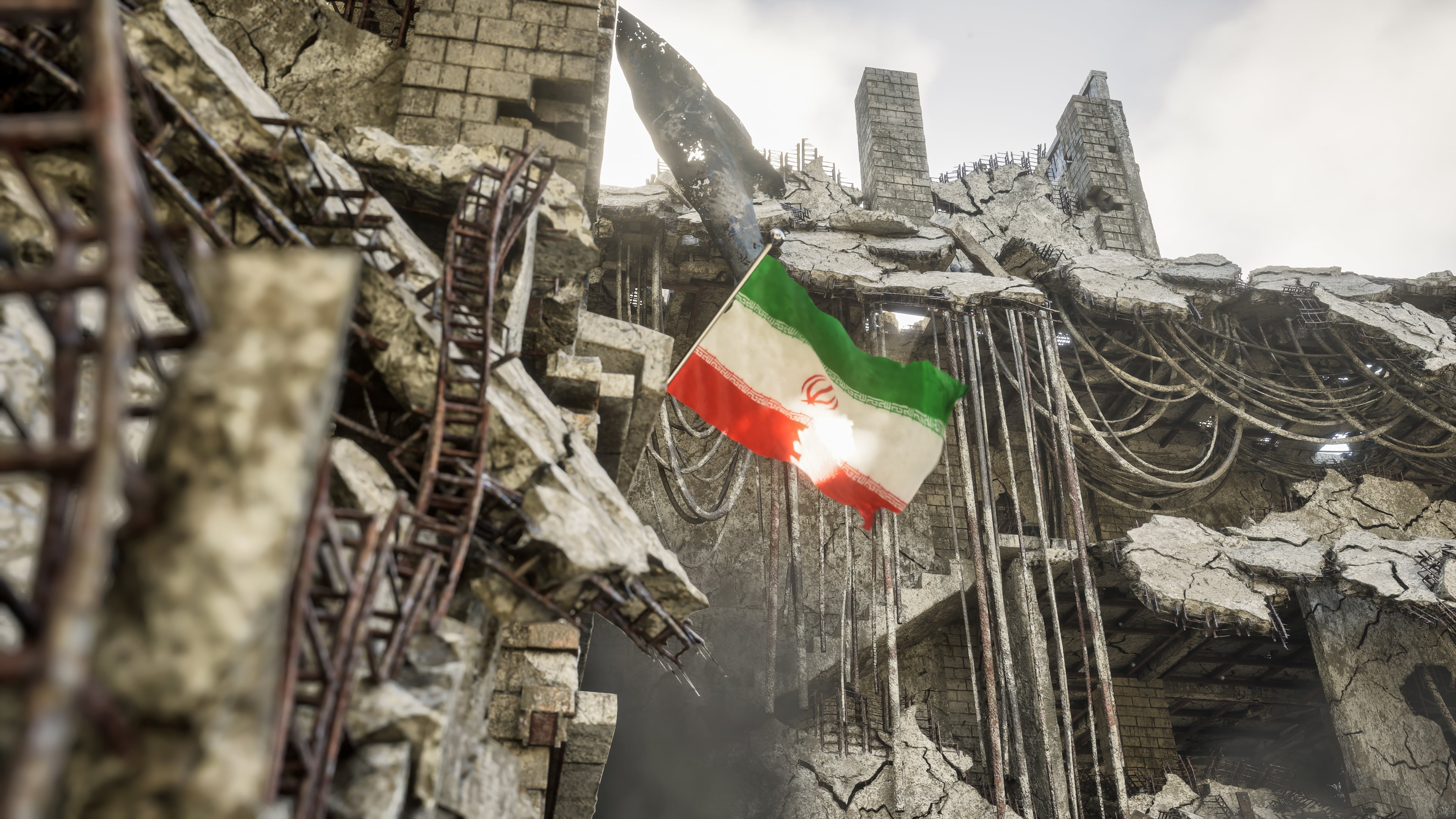 Guerra en Irán, bandera de Irán en medio de edificios y construcciones en escombros