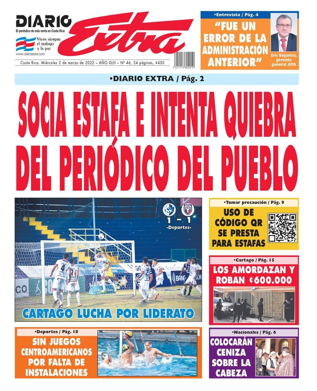 El título en rojo de la portada del Diario Extra, de este 2 de marzo, podría terminar en una demanda por parte de una socia actual del medio