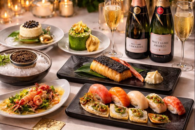 El menú de los Globos de Oro 2026 fue diseñado por el chef Nobu Matsuhisa. (Foto creada con Chatgpt)