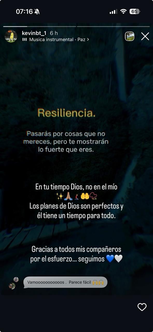 La historia de Instagram de Kevin Briceño incluyó un mensaje de fe tras una noche complicada ante Olimpia.