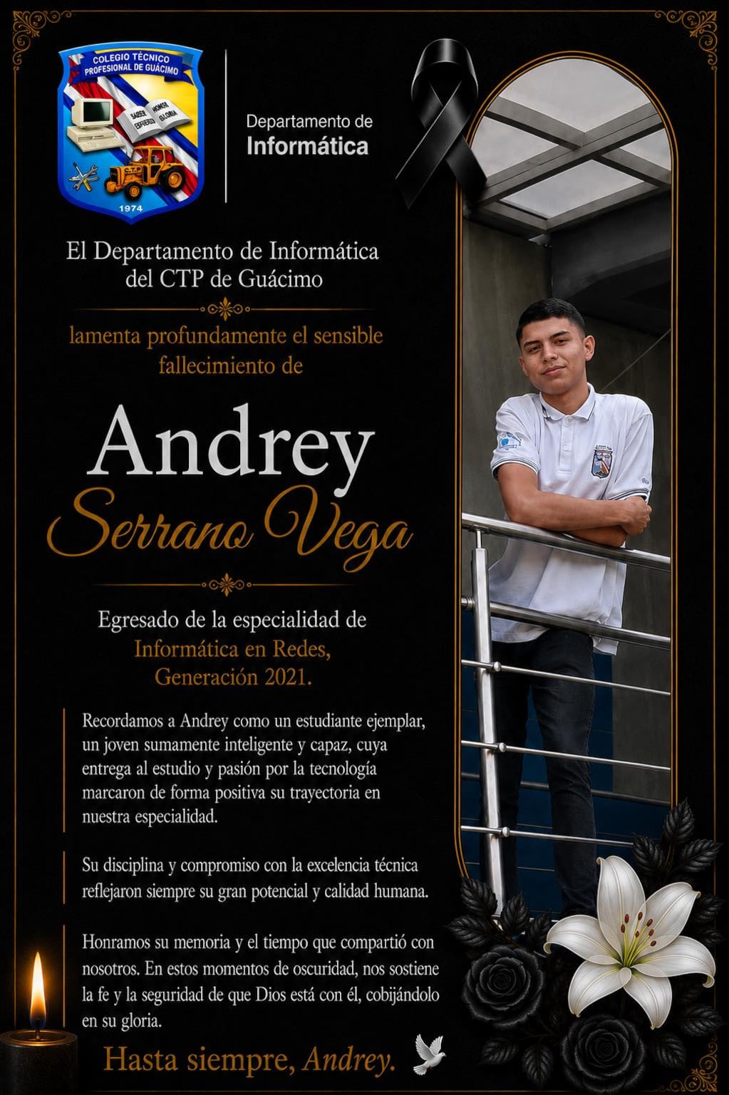 Un joven identificado como Andrey Serrano Vega, de 23 años, fue asesinado a balazos la noche de este viernes 15 de mayo en Aralias de Guácimo. Foto: Tomada de CTP Guácimo