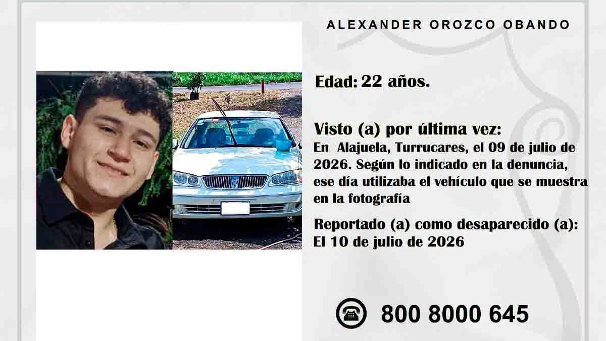 Alexander Orozco Obando, es un joven de 22 años de quien no se tiene información desde el jueves 9 de julio del 2026. Foto: OIJ