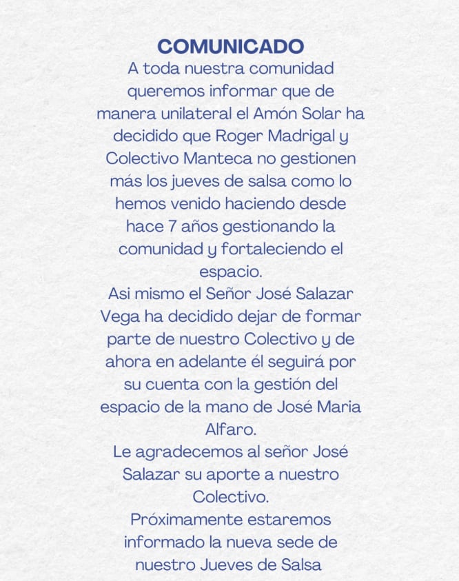 या सोमवार, 19 जानेवारीच्या नेटवर्कवर Collectivo Manteca ने जारी केलेले हे विधान होते.