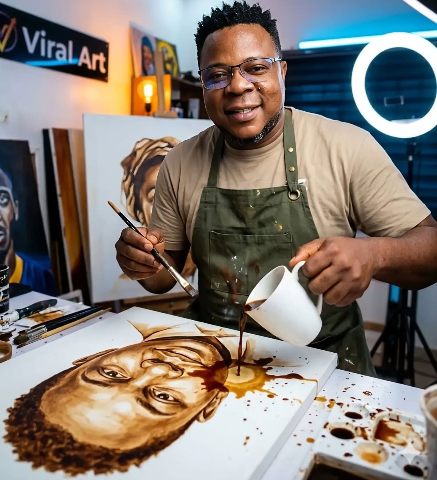 Jonathan García dibuja desde los 7 años y hace apenas un mes dejó su trabajo fijo para vivir de los retratos que pinta con tinta hecha a base de café