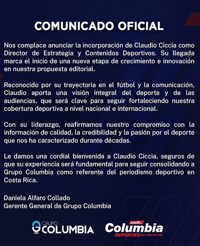 Comunicado de radio Columbia sobre la incorporación de Claudio Ciccia a su equipo.