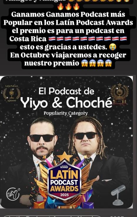 YIyo Alfaro y Choché Romano ganaron el premio a mejor podcast de Latinoamérica.