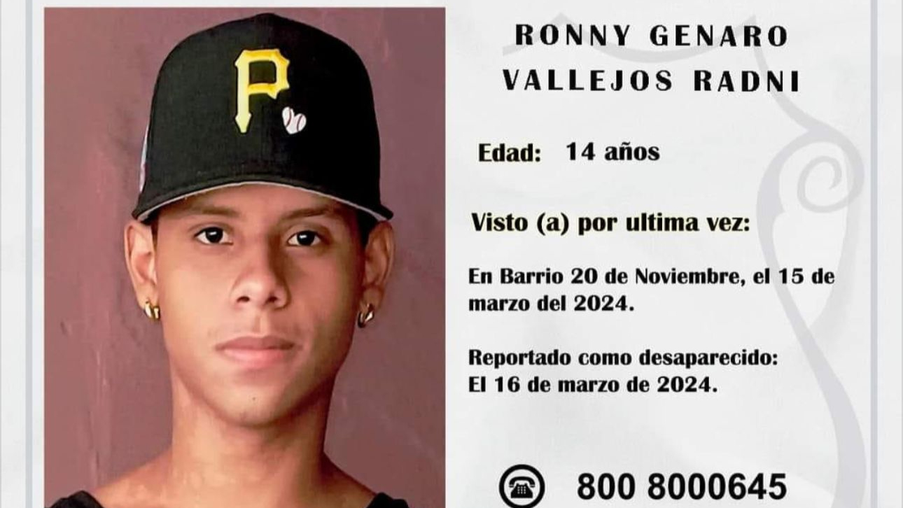 Ronny Vallejos Radni, es un adolescente de 14 años que está desaparecido. 
El OIJ de Puntarenas tiene a dos sospechosos por esta desaparición. Foto: OIJ