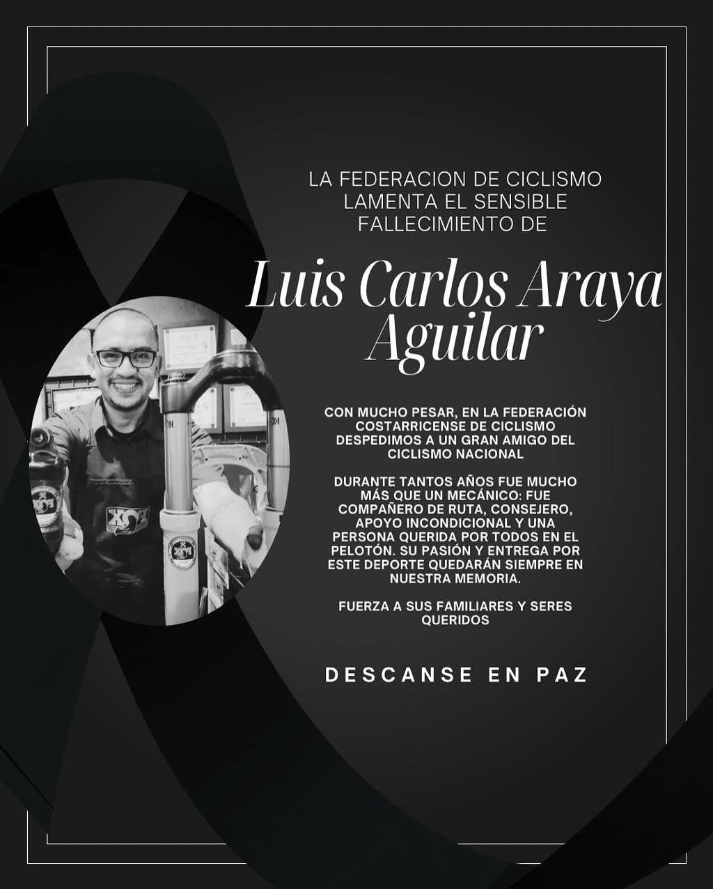 El ciclista y mecánico Luis Carlos Araya perdió la vida el domingo anterior, mientras hacía deporte, en Cartago.  Foto tomada de la Fecoci.